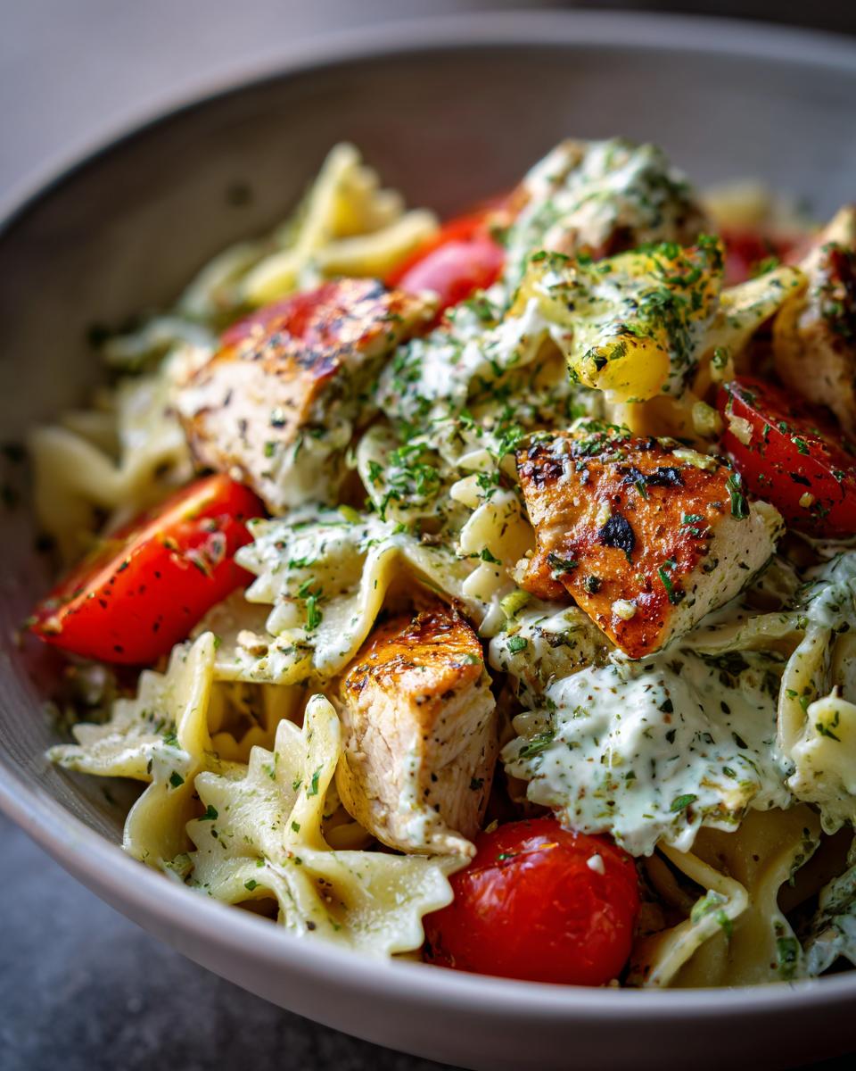 Close-up of chicken pasta salad with greek yogurt, tomatoes, and herbs in a bowl.