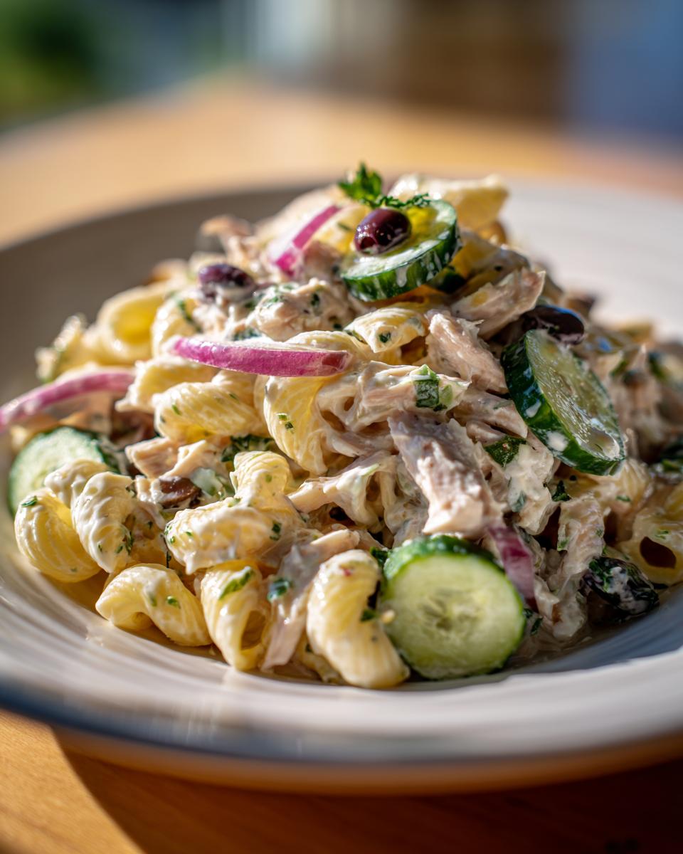 Close-up of a bowl of chicken pasta salad with greek yogurt, cucumber, red onion, and olives.