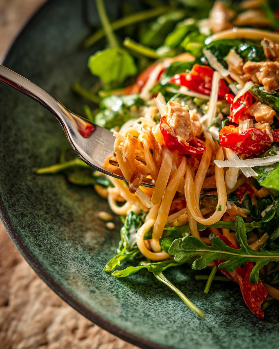 Close-up of chicken pasta salad with greek yogurt on a fork, showing pasta, chicken, and vegetables.