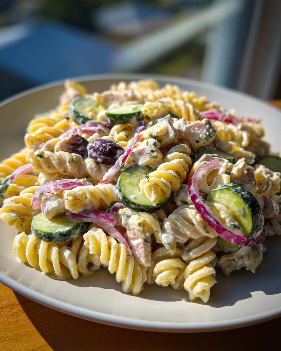 Close-up of chicken pasta salad with greek yogurt, cucumber, red onion, and grapes.
