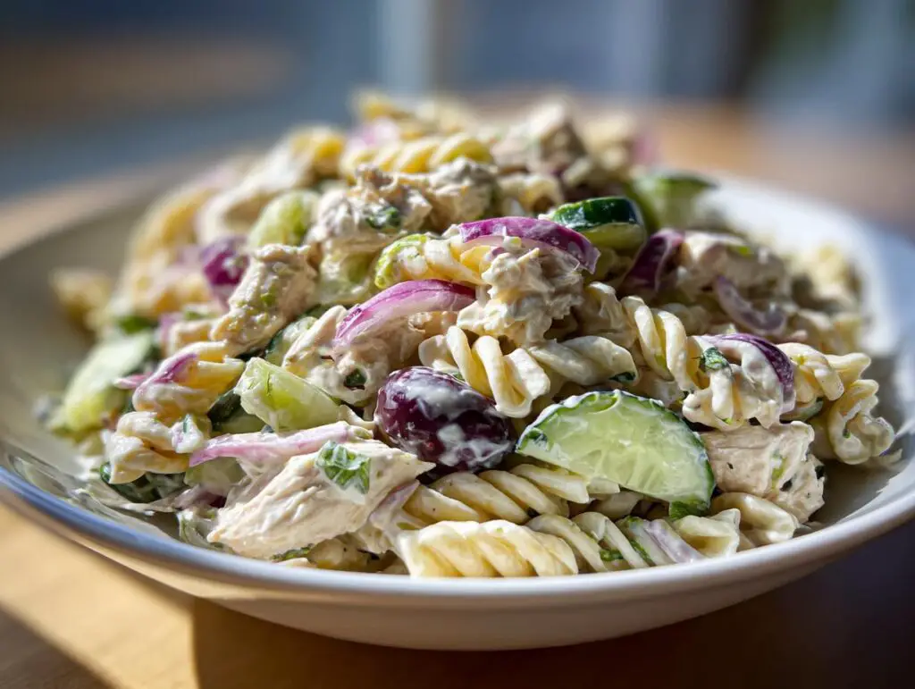 Close-up of chicken pasta salad with greek yogurt, featuring pasta, chicken, cucumber, and red onion.