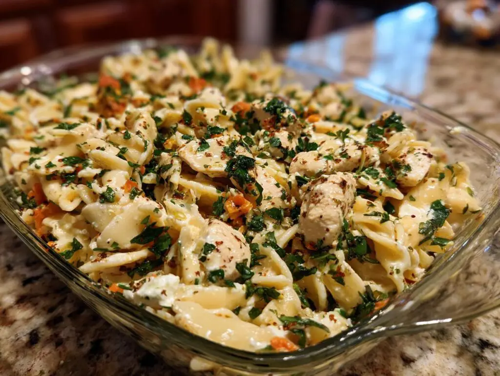 A close-up of a bowl of chicken pasta salad with greek yogurt, showing pasta, chicken, and herbs.