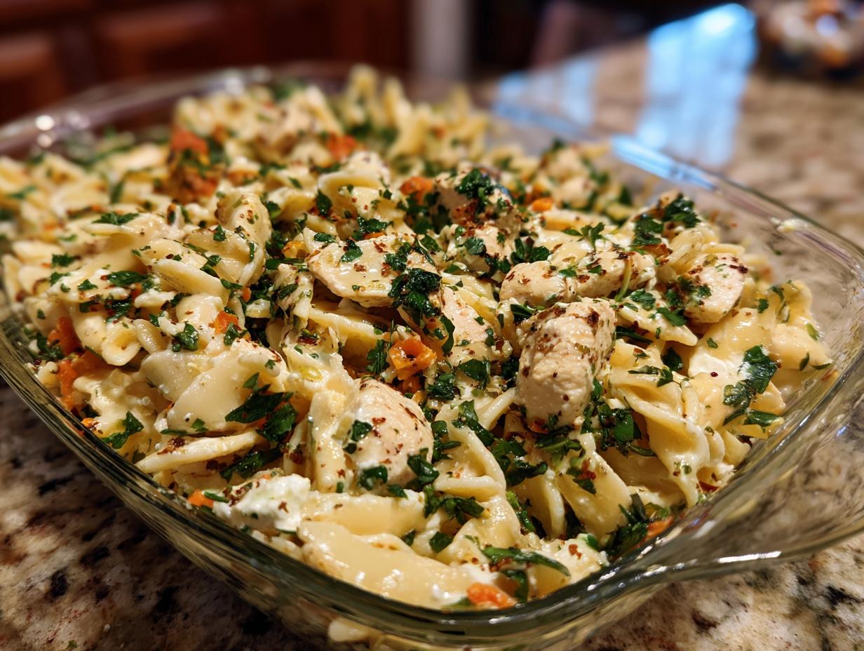 A close-up of a bowl of chicken pasta salad with greek yogurt, showing pasta, chicken, and herbs.
