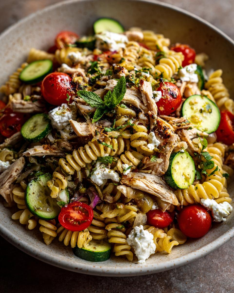 Close-up of chicken pasta salad with greek yogurt, tomatoes, cucumbers, and herbs.
