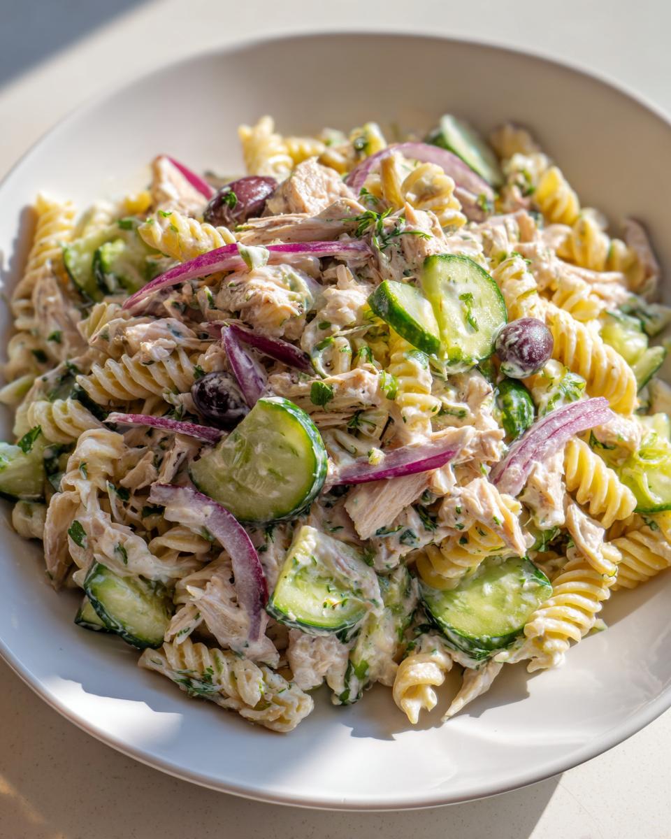 Close-up of a bowl of chicken pasta salad with Greek yogurt, cucumbers, red onion, and olives. The dish is the chicken pasta salad with Greek yogurt.