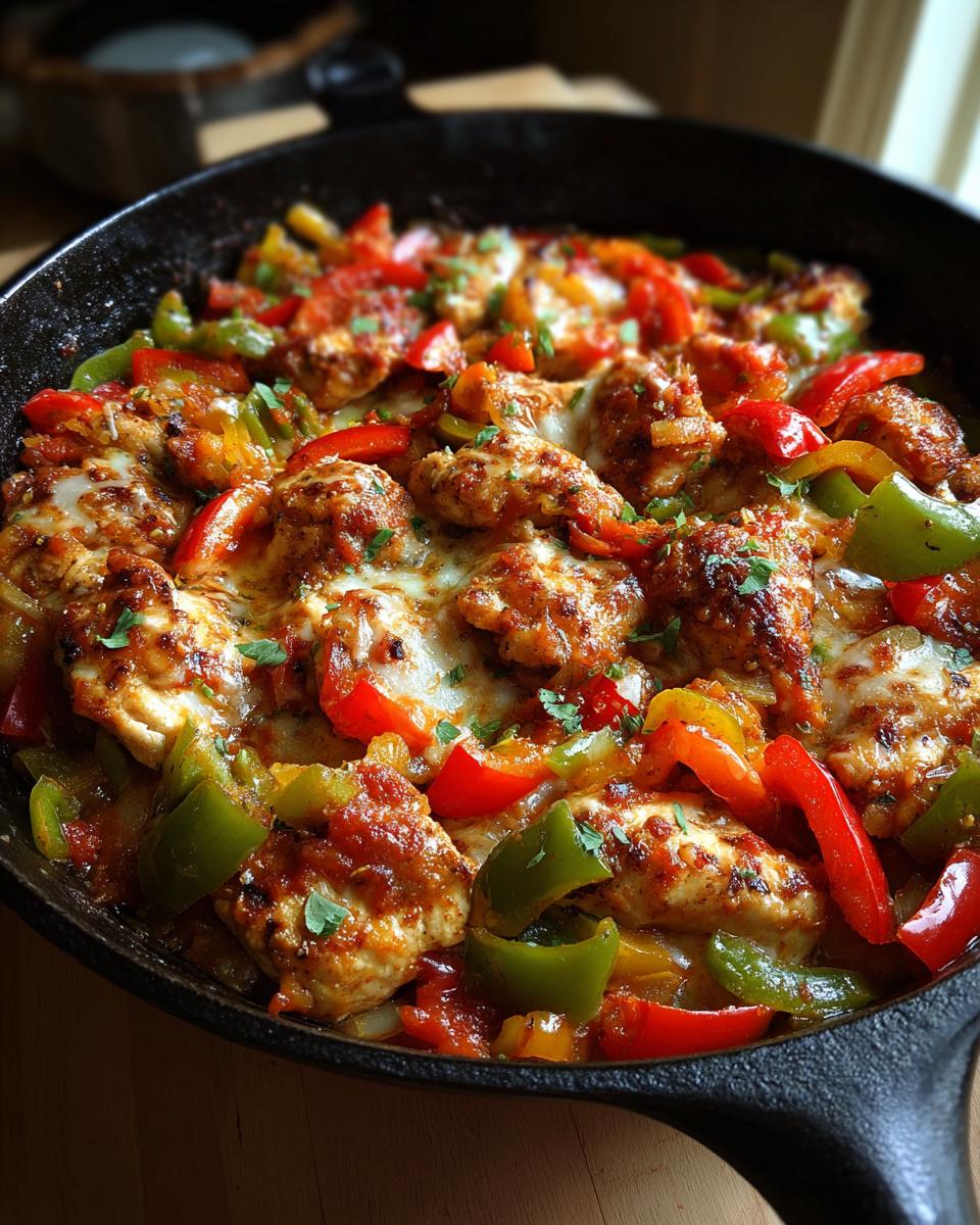 Chicken and bell peppers cooked in a skillet, a perfect Summer Dinners You Can Make in 30 Minutes or Less.