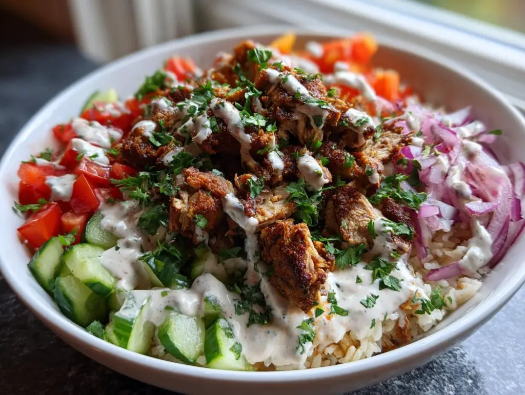 Close-up of a Chicken Shawarma Bowl with rice, chicken, tomatoes, cucumbers, and sauce.