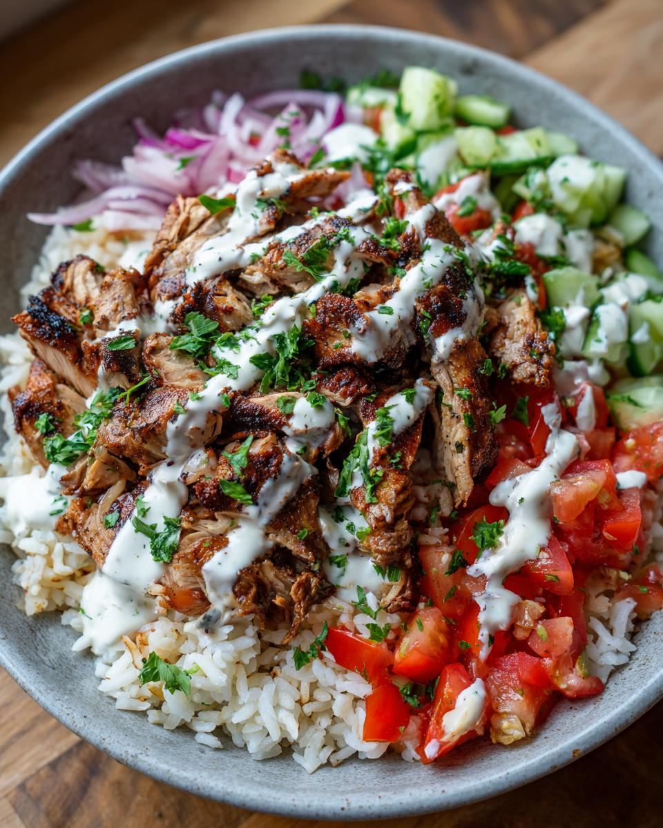 Close-up of a Chicken Shawarma Bowl with rice, chicken, tomatoes, cucumbers, and sauce.
