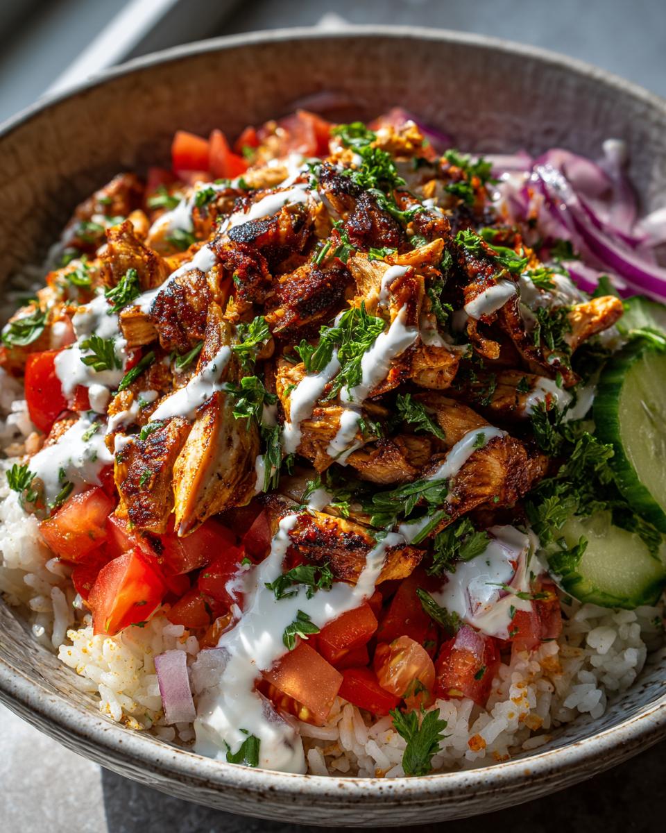 Close-up of a Chicken Shawarma Bowl with chicken, rice, tomatoes, and tahini sauce.
