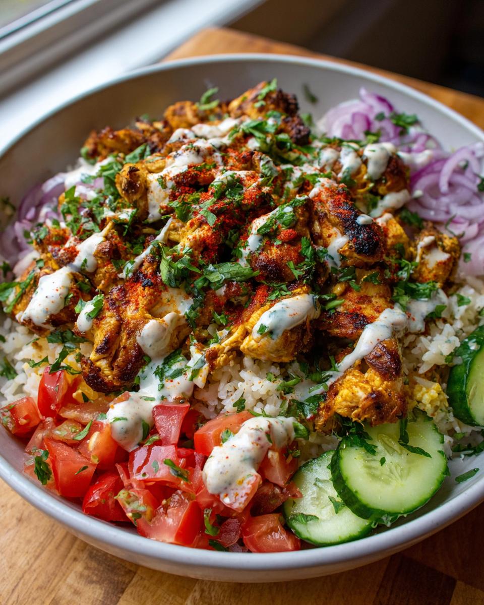 Close-up of a Chicken Shawarma Bowl with rice, chicken, tomatoes, cucumbers, and sauce.