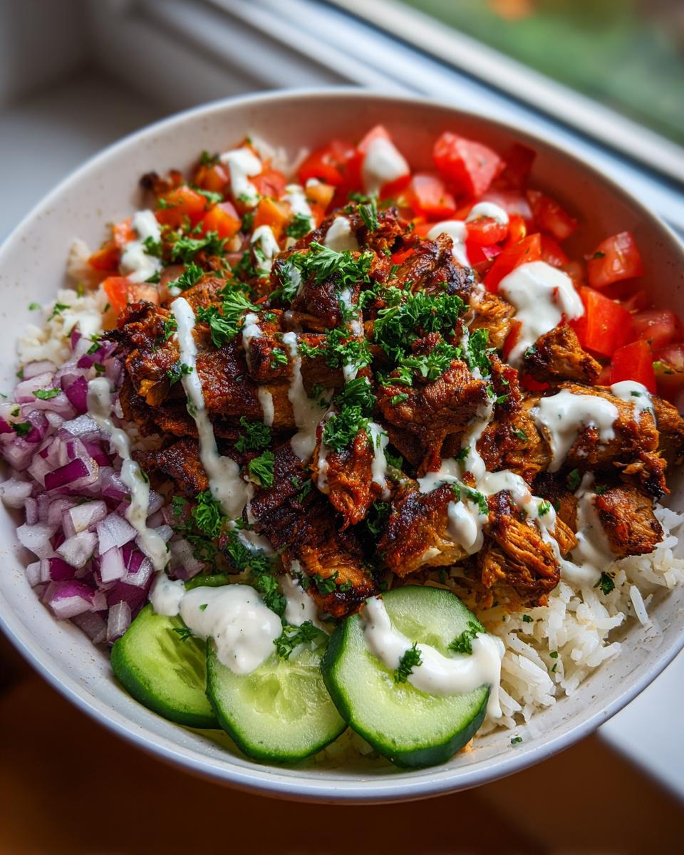 Chicken shawarma bowl with rice, tomatoes, cucumber, red onion, and sauce. The image shows a delicious Chicken Shawarma Bowls.