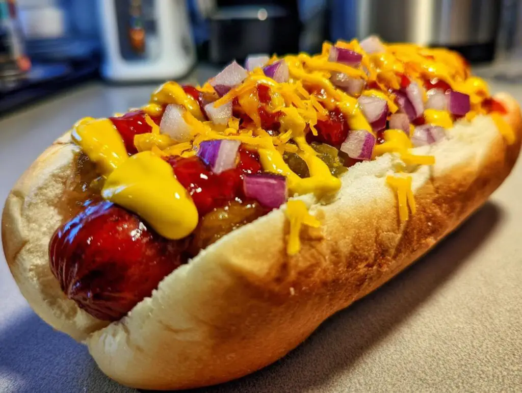 Close-up of a Classic American Hot Dog with mustard, ketchup, onions, and cheese.