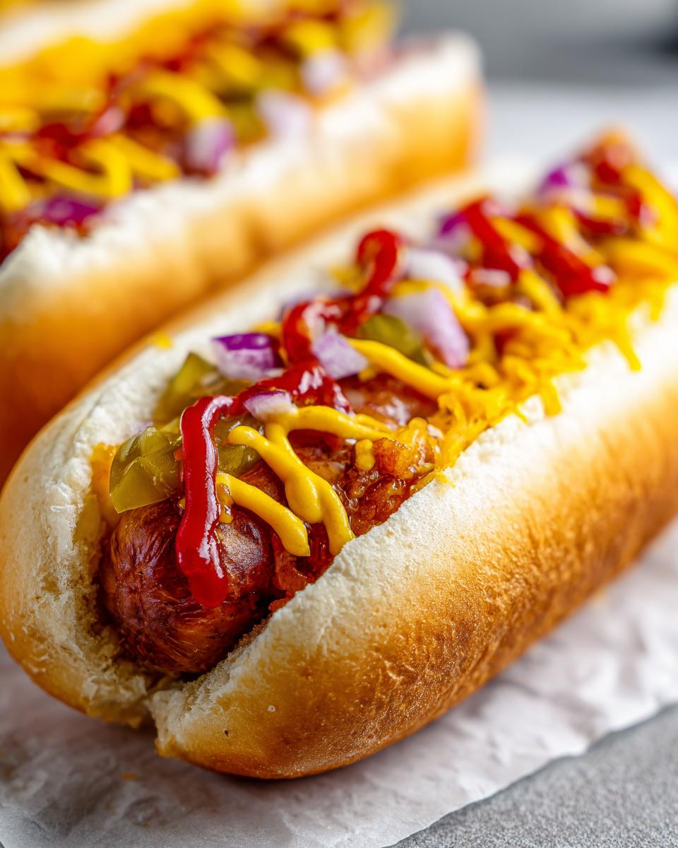 Close-up of Classic American Hot Dogs with toppings, including ketchup, mustard, onions, and relish.