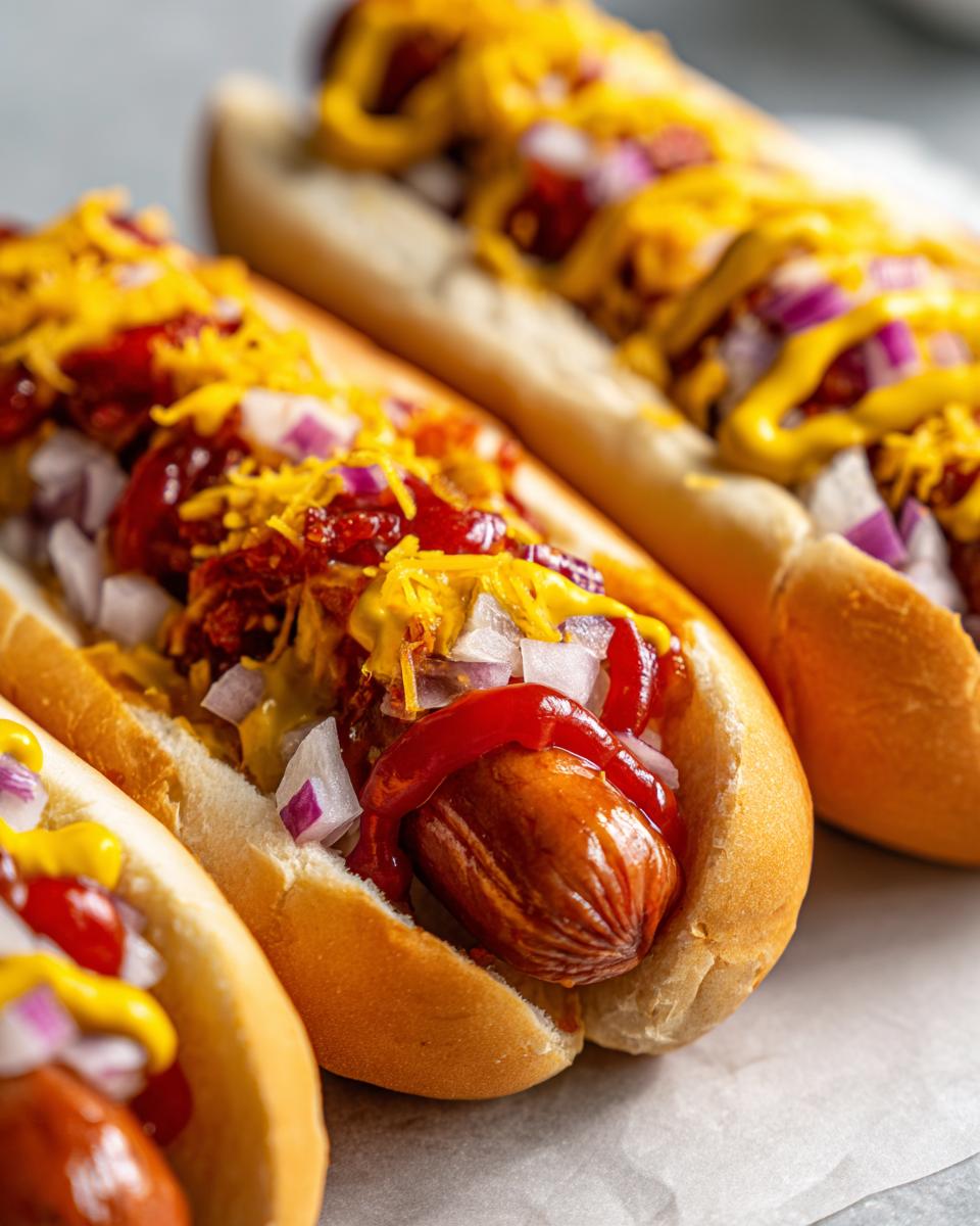 Close-up of classic American hot dogs with various toppings, including onions, ketchup, and cheese.