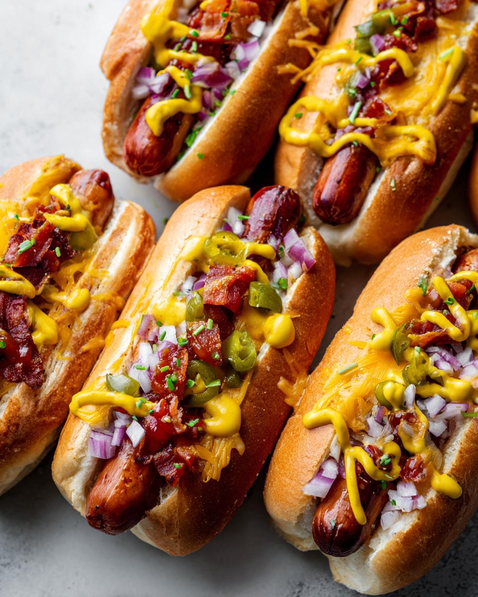 Close-up of several Classic American Hot Dogs with toppings, including bacon, onions, and cheese.