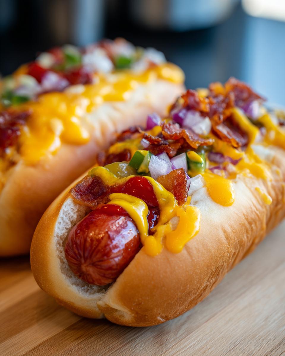 Close-up of two Classic American Hot Dogs with Toppings, including bacon, onions, and cheese.