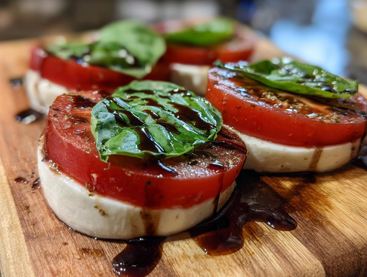 Close-up of a Classic Caprese Salad with tomato, mozzarella, basil and aged balsamic.