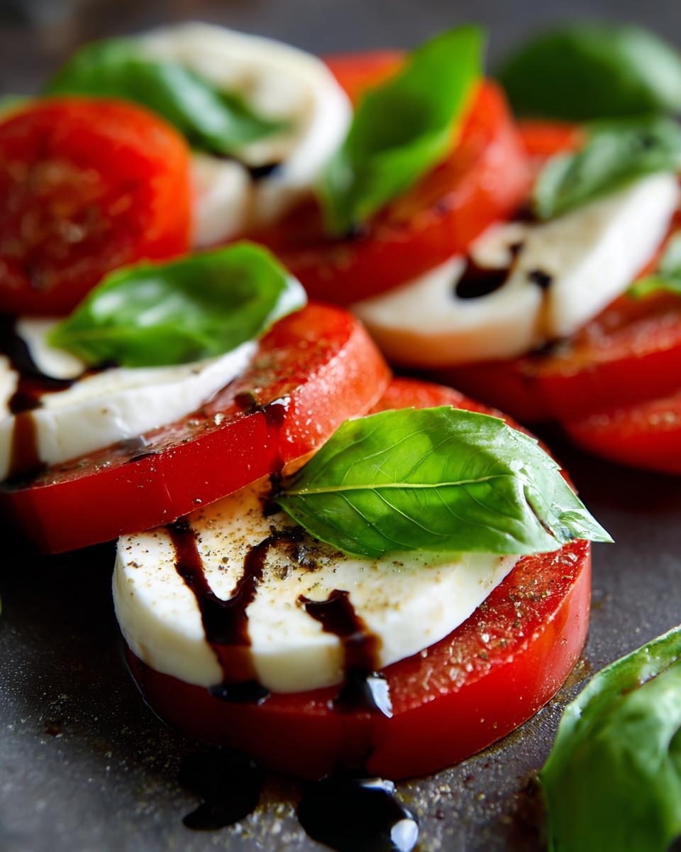 Close-up of a Classic Caprese Salad with fresh tomatoes, mozzarella, basil, and aged balsamic glaze.