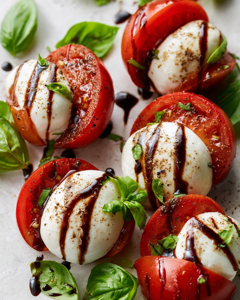 Close-up of a Classic Caprese Salad with fresh mozzarella, tomatoes, basil, and balsamic glaze. The Classic Caprese Salad.
