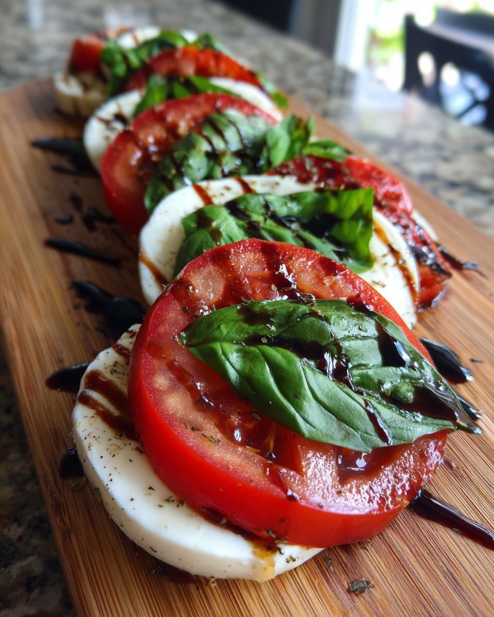 Close-up of a Classic Caprese Salad with tomato, mozzarella, basil and balsamic glaze.