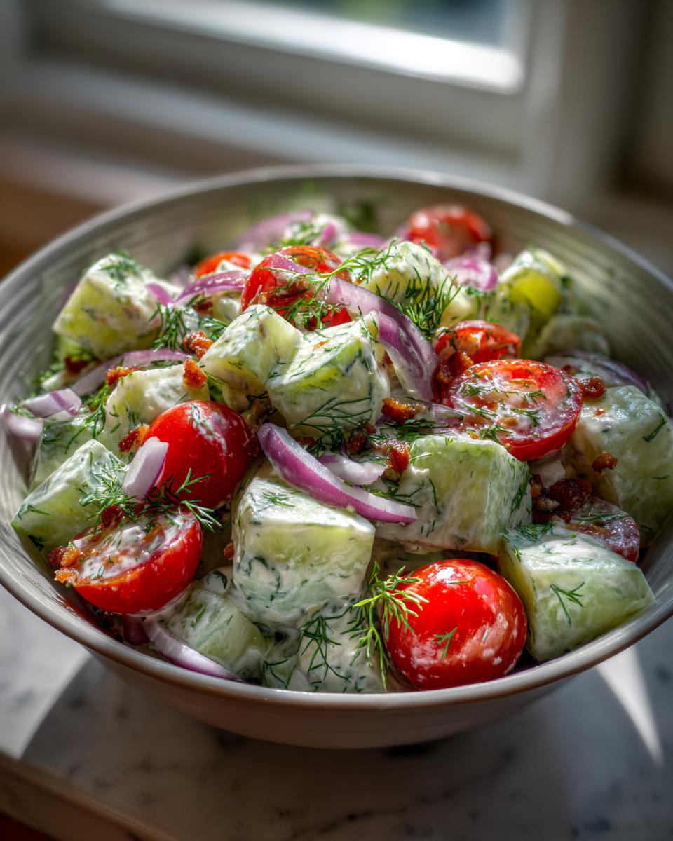 Close-up of a bowl of Classic Cucumber Ranch Crack Salad with tomatoes, cucumbers, and red onion.