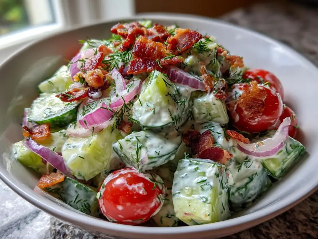 Close-up of a bowl of Classic Cucumber Ranch Crack Salad with bacon, tomatoes, and red onion.