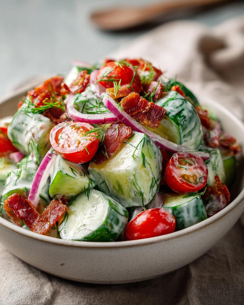 Close-up of a bowl filled with Classic Cucumber Ranch Crack Salad, with cucumbers, tomatoes, bacon, and red onion.