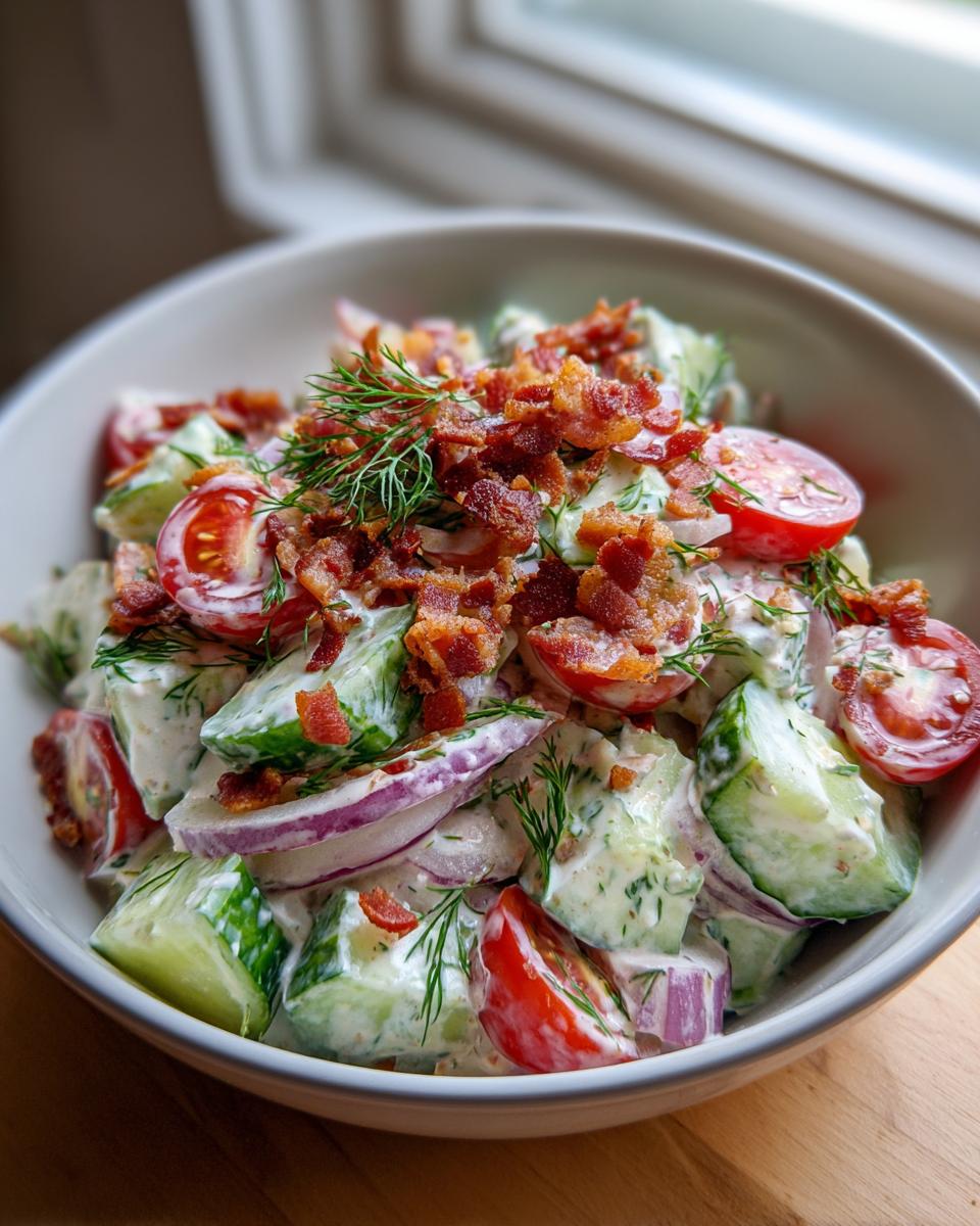 Close-up of a bowl of Classic Cucumber Ranch Crack Salad with bacon, tomatoes, and dill.
