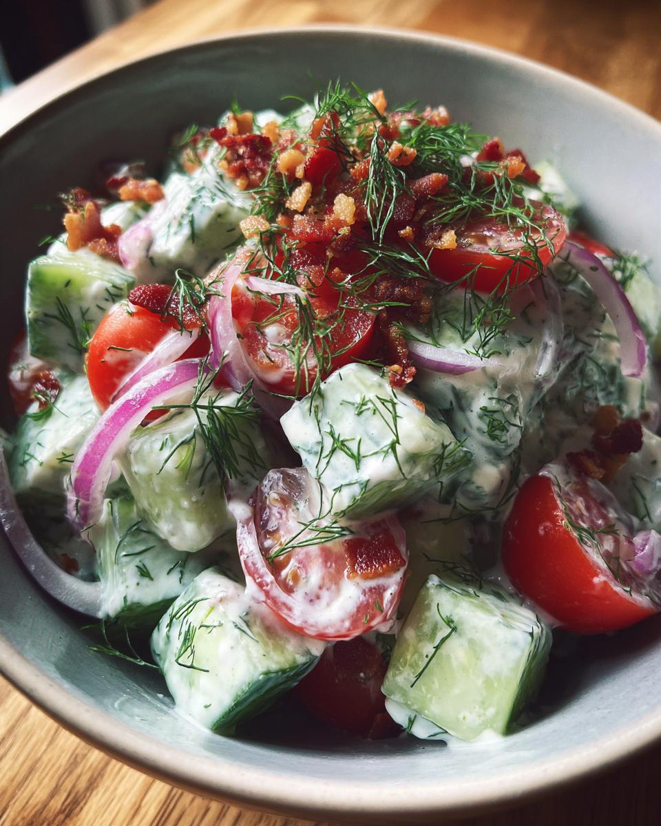 Close-up of a bowl of Classic Cucumber Ranch Crack Salad with cucumbers, tomatoes, bacon, and dill.