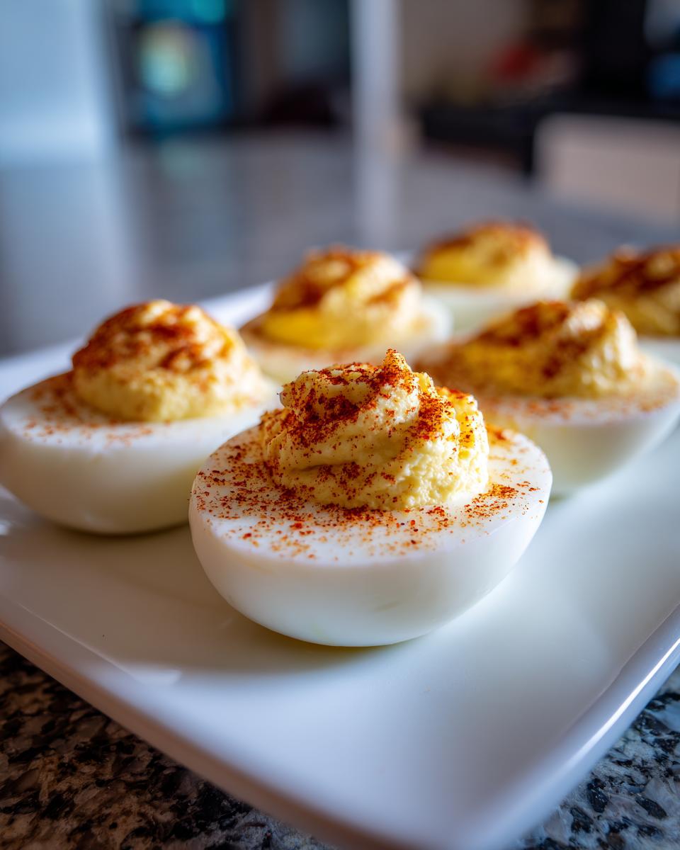 Amazing Classic Deviled Eggs: 6 Perfect Yolks 9 Close-up of classic deviled eggs, garnished with paprika, on a white plate. The perfect Classic Deviled Eggs.
