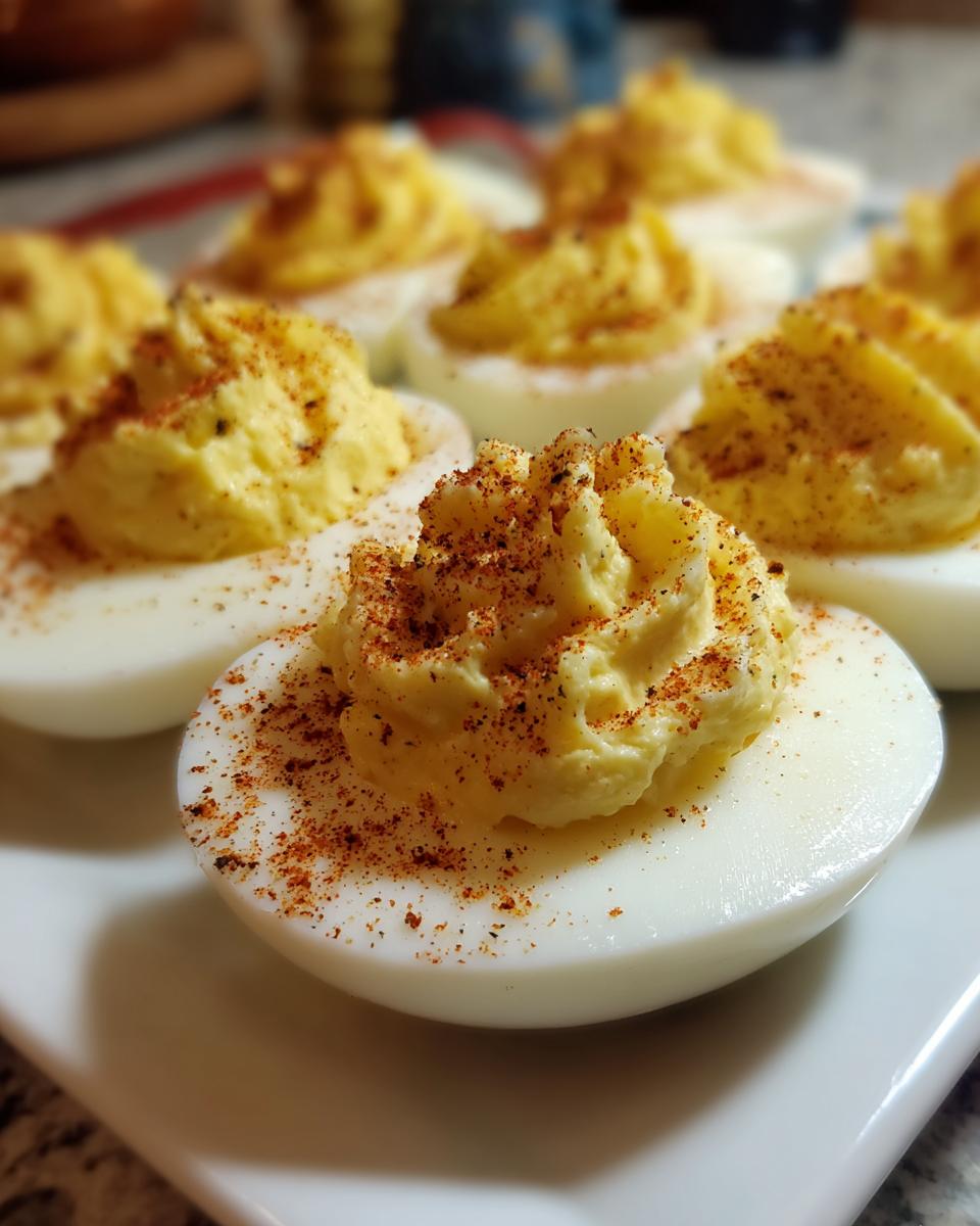 Amazing Classic Deviled Eggs: 6 Perfect Yolks 10 Close-up of a plate of Classic Deviled Eggs, garnished with paprika.