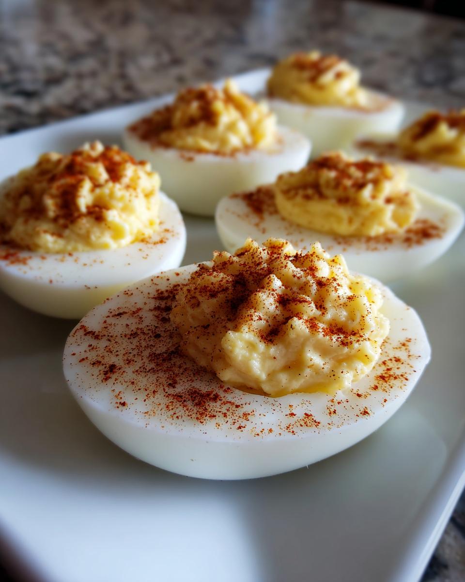 Amazing Classic Deviled Eggs: 6 Perfect Yolks 7 Close-up of a plate of Classic Deviled Eggs, garnished with paprika.