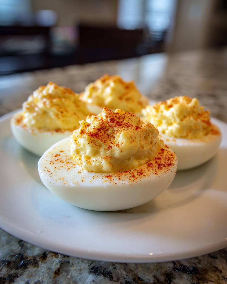 Amazing Classic Deviled Eggs: 6 Perfect Yolks 8 Close-up of four Classic Deviled Eggs on a white plate, garnished with paprika.