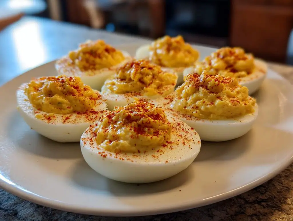 Close-up of six Classic Deviled Eggs on a white plate, garnished with paprika.