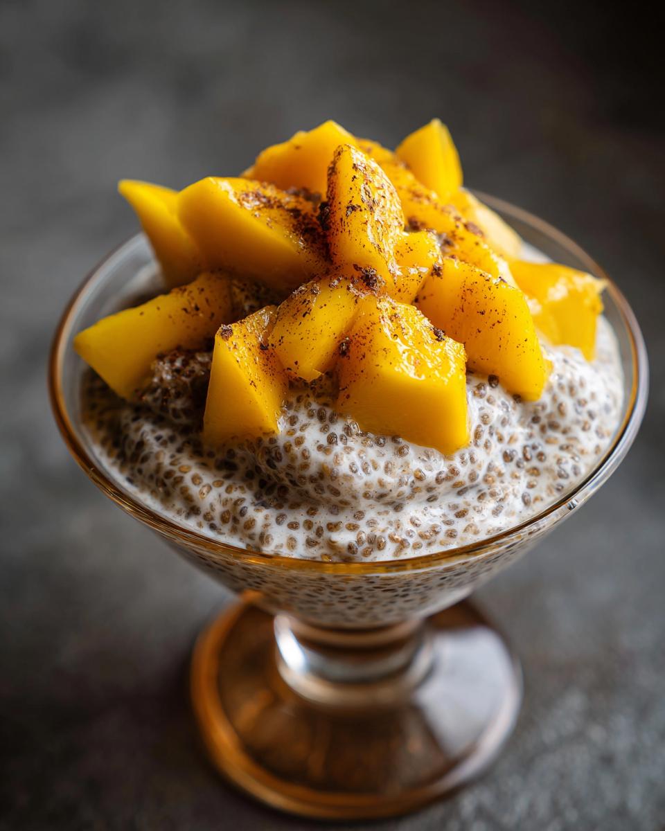 Close-up of Coconut Chia Pudding with Mango, a healthy breakfast.