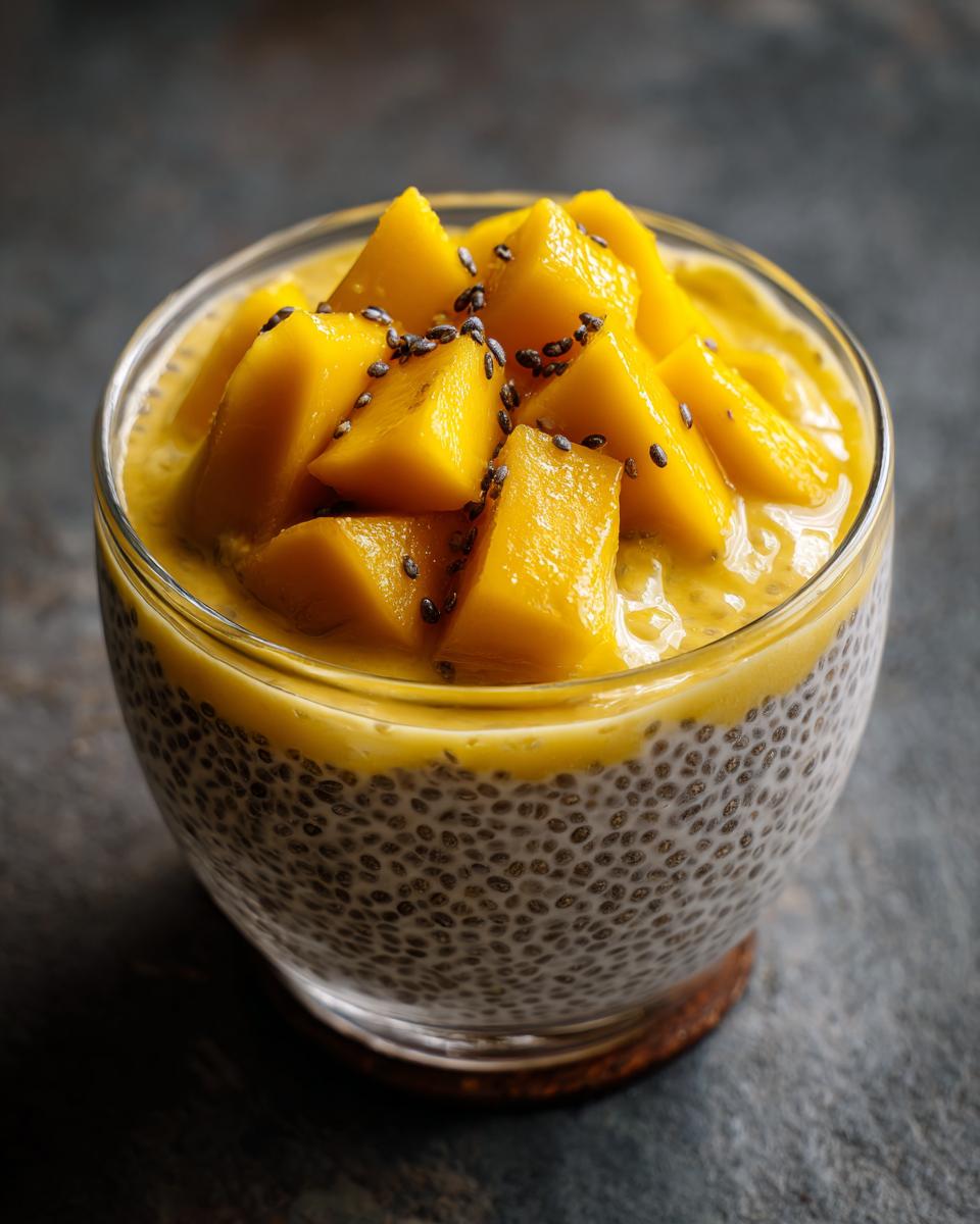 Close-up of Coconut Chia Pudding with Mango, a healthy breakfast.