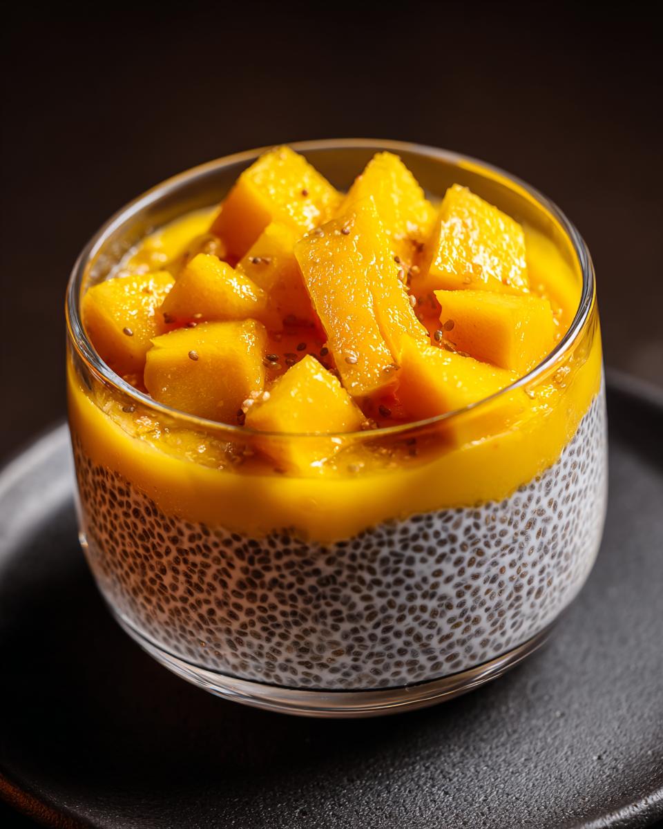Close-up of Coconut Chia Pudding with Mango, a healthy and delicious dessert.