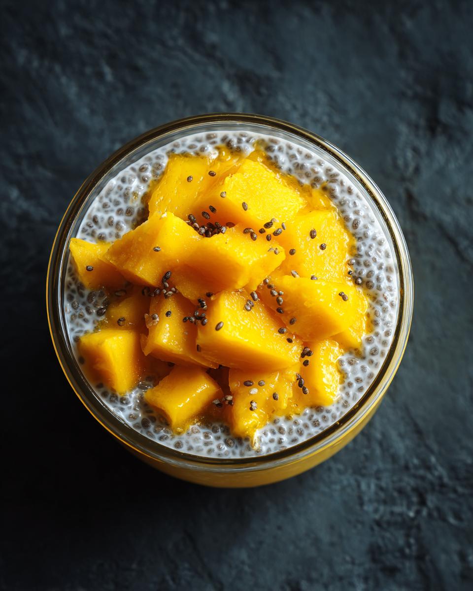 Overhead shot of Coconut Chia Pudding with Mango in a glass, garnished with chia seeds.