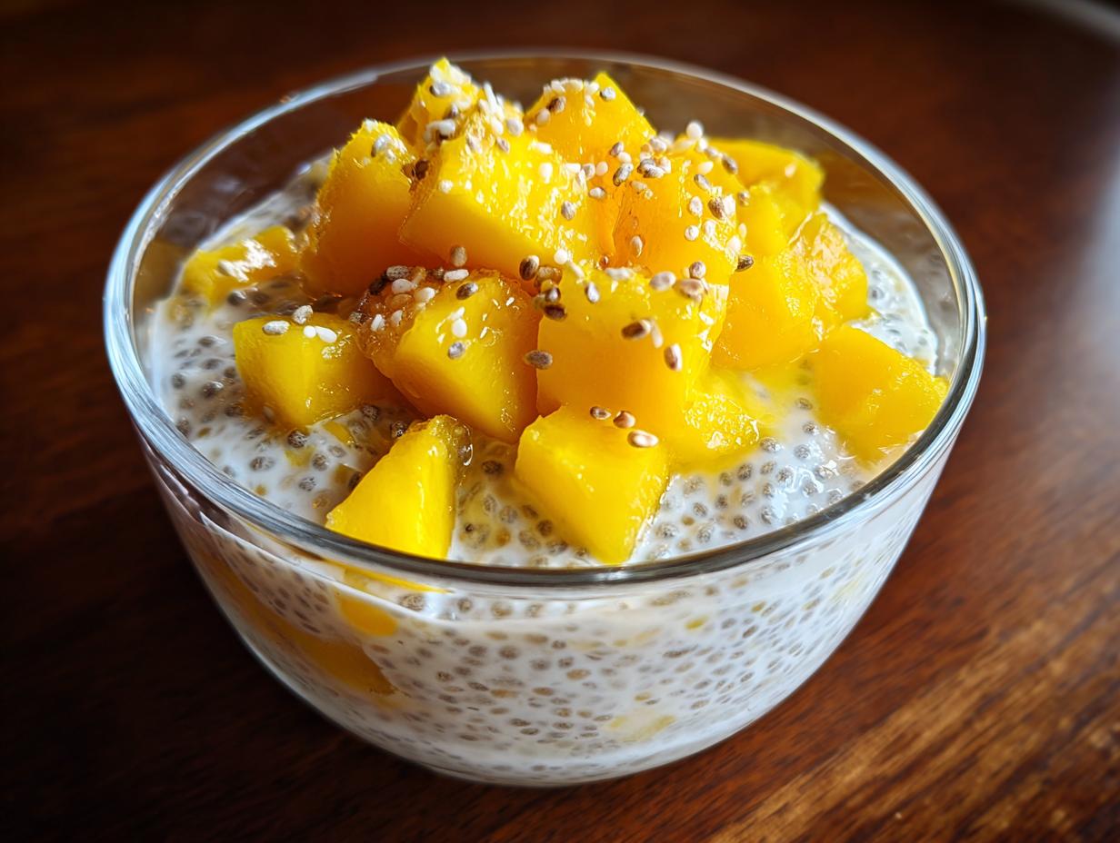 Close-up of Coconut Chia Pudding with Mango, topped with fresh mango chunks and seeds.