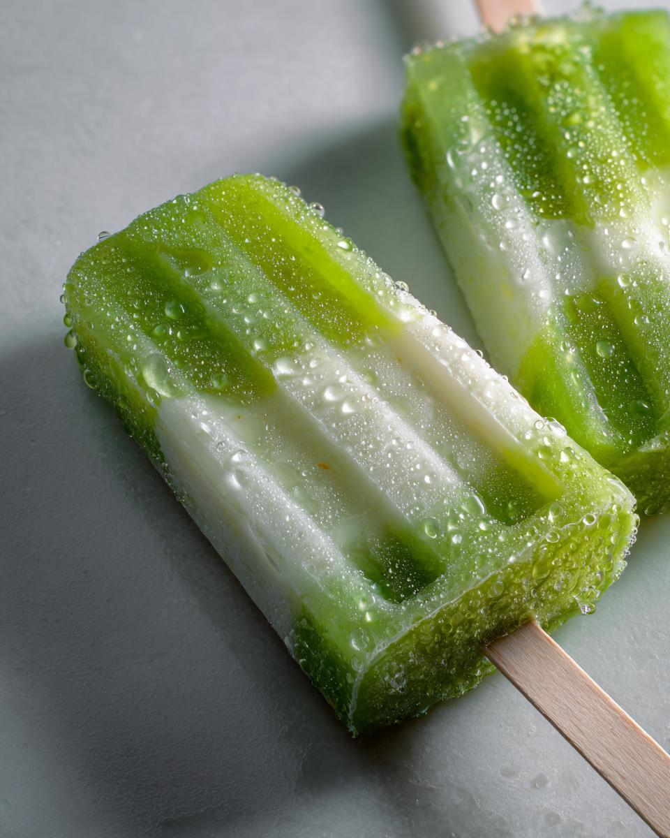 Close-up of two refreshing Coconut Lime Popsicles, perfect for a hot day.