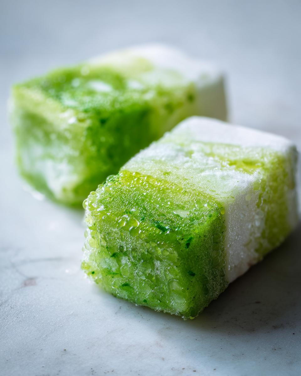 Close-up of two Coconut Lime Popsicles cubes, showing layers of green and white.