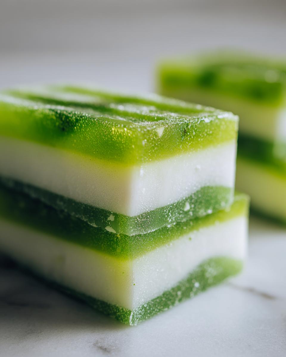 Close-up of layered Coconut Lime Popsicles with green and white layers.
