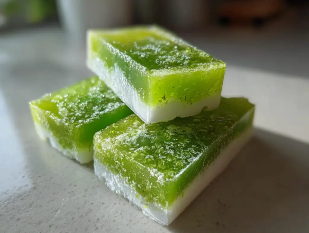 Close-up of three layered Coconut Lime Popsicles, showing the green and white layers.