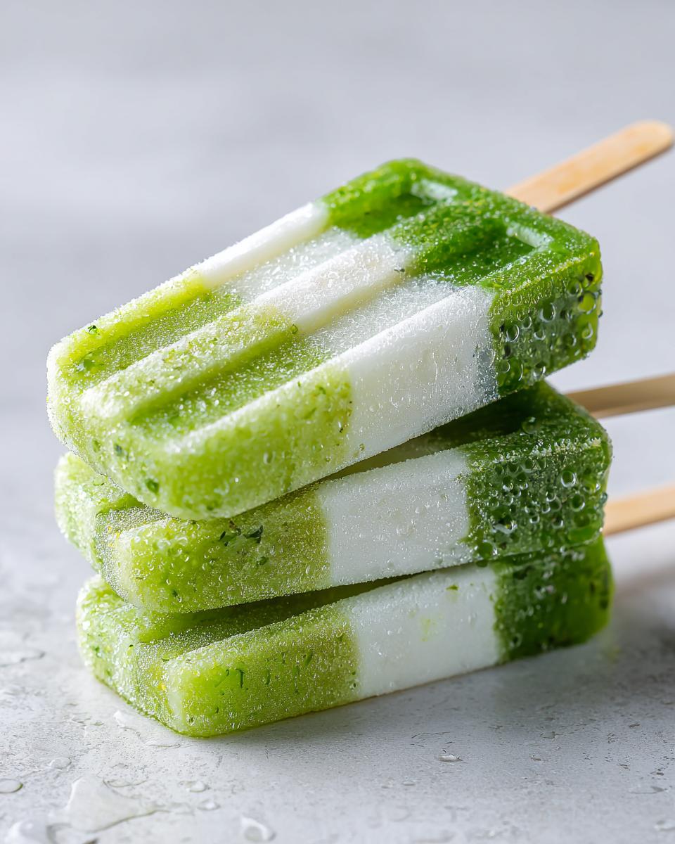 Stack of three refreshing Coconut Lime Popsicles with a vibrant green and white color.