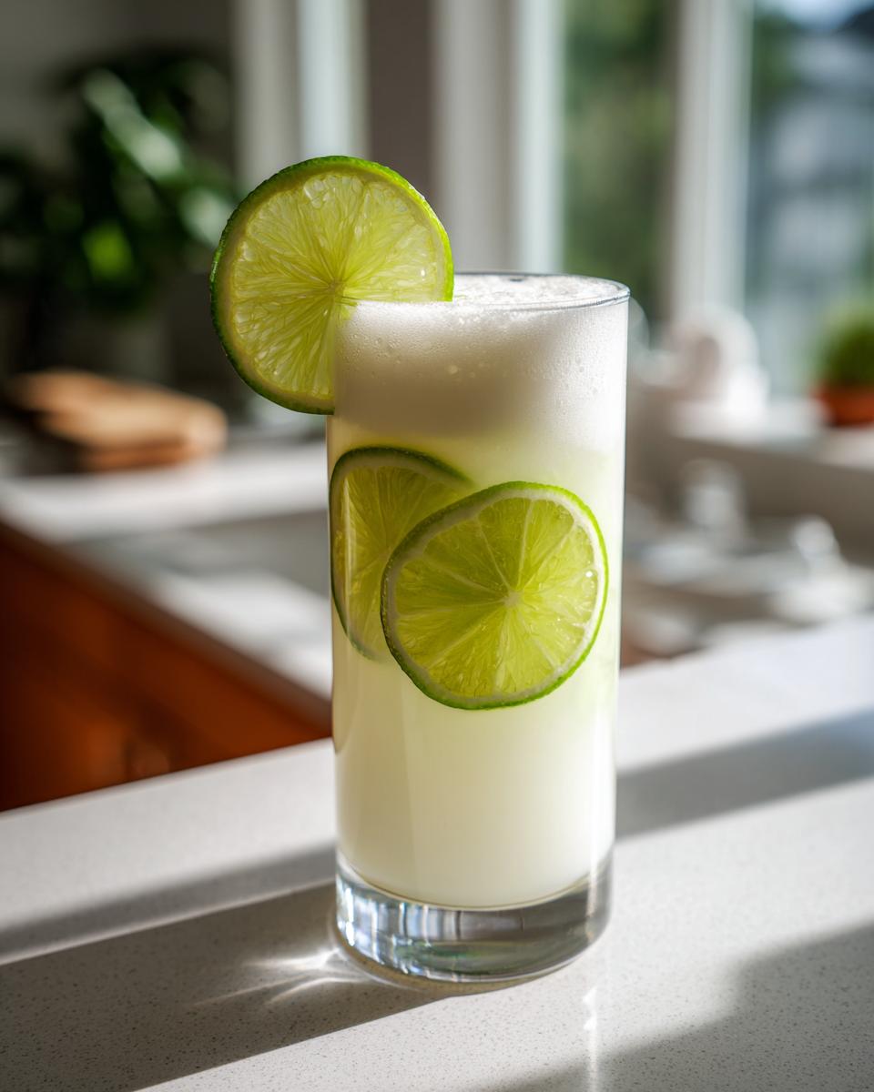 A tall glass of Coconut Lime Refresher garnished with lime slices, perfect for a hot day.