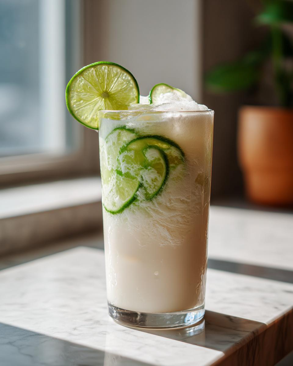 Tall glass of Coconut Lime Refresher with lime slices and ice, perfect for a hot day.