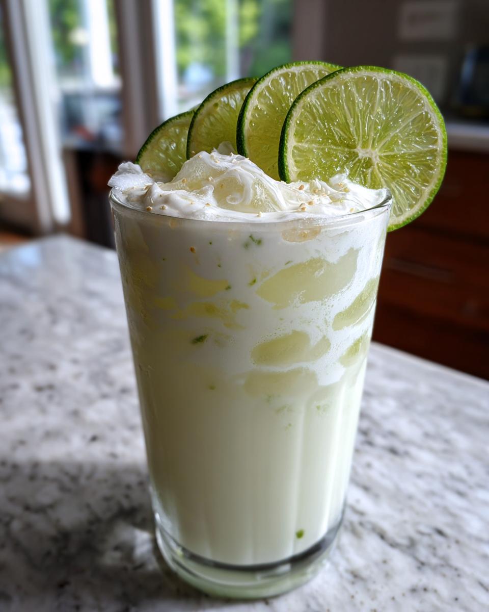 A tall glass of Coconut Lime Refresher, garnished with lime slices and whipped cream.