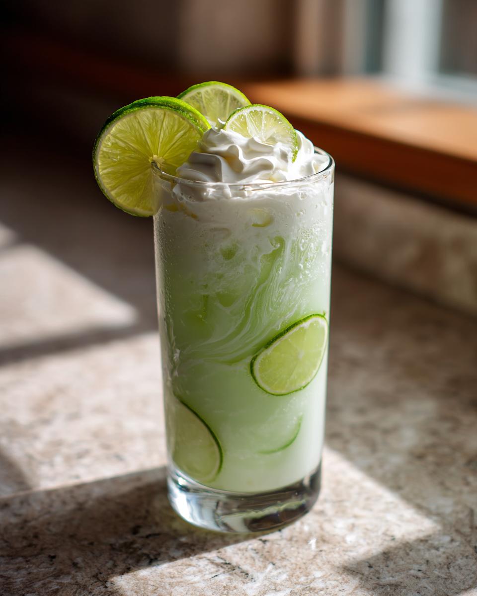 Tall glass of Coconut Lime Refresher garnished with whipped cream and lime slices.