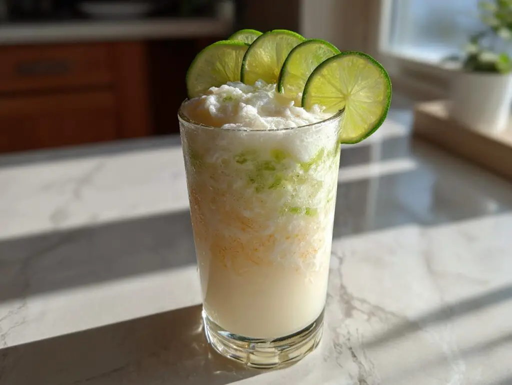 A tall glass of a refreshing Coconut Lime Refresher, garnished with lime slices.