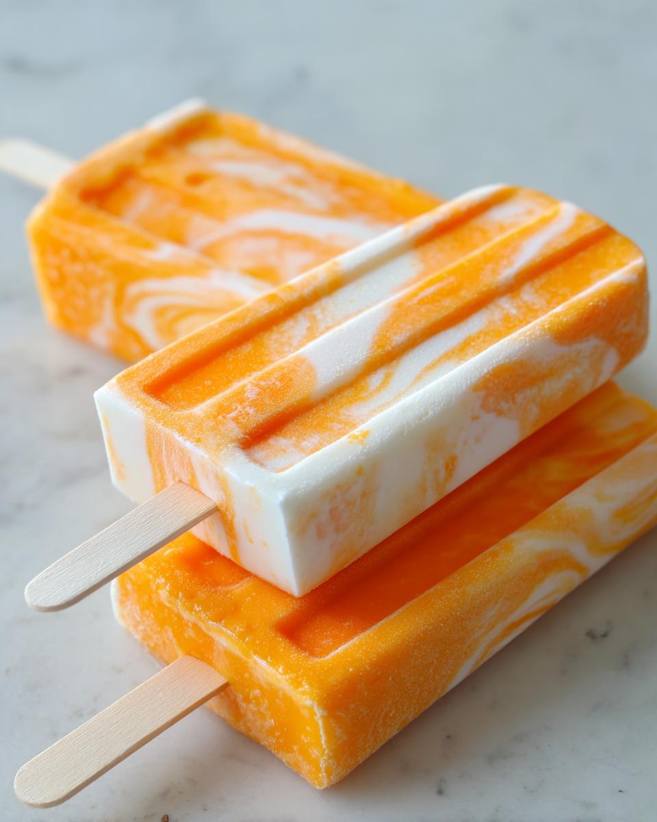 Close-up of three Coconut Mango Popsicles with a swirl design on a white surface.
